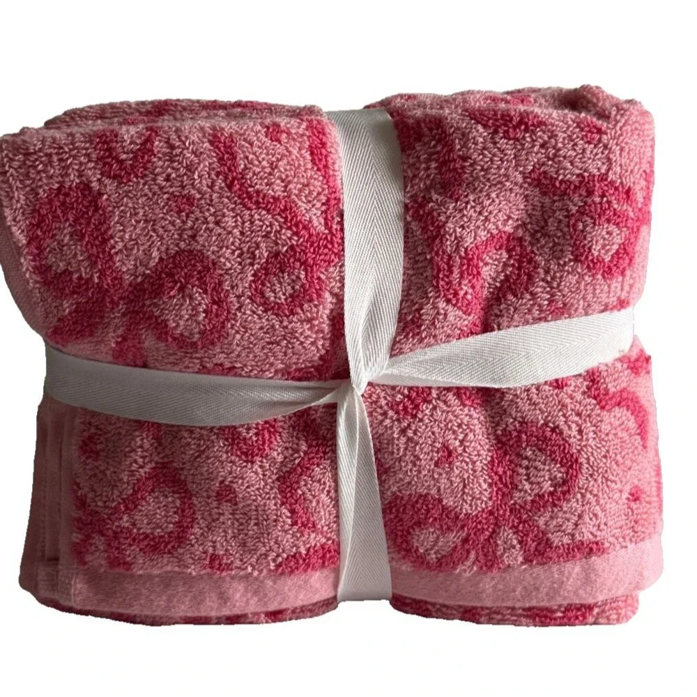 Rachel Zoe Coquette Pink Bow Bath Hand Towel Set 100% Cotton Set of 4 Reversible